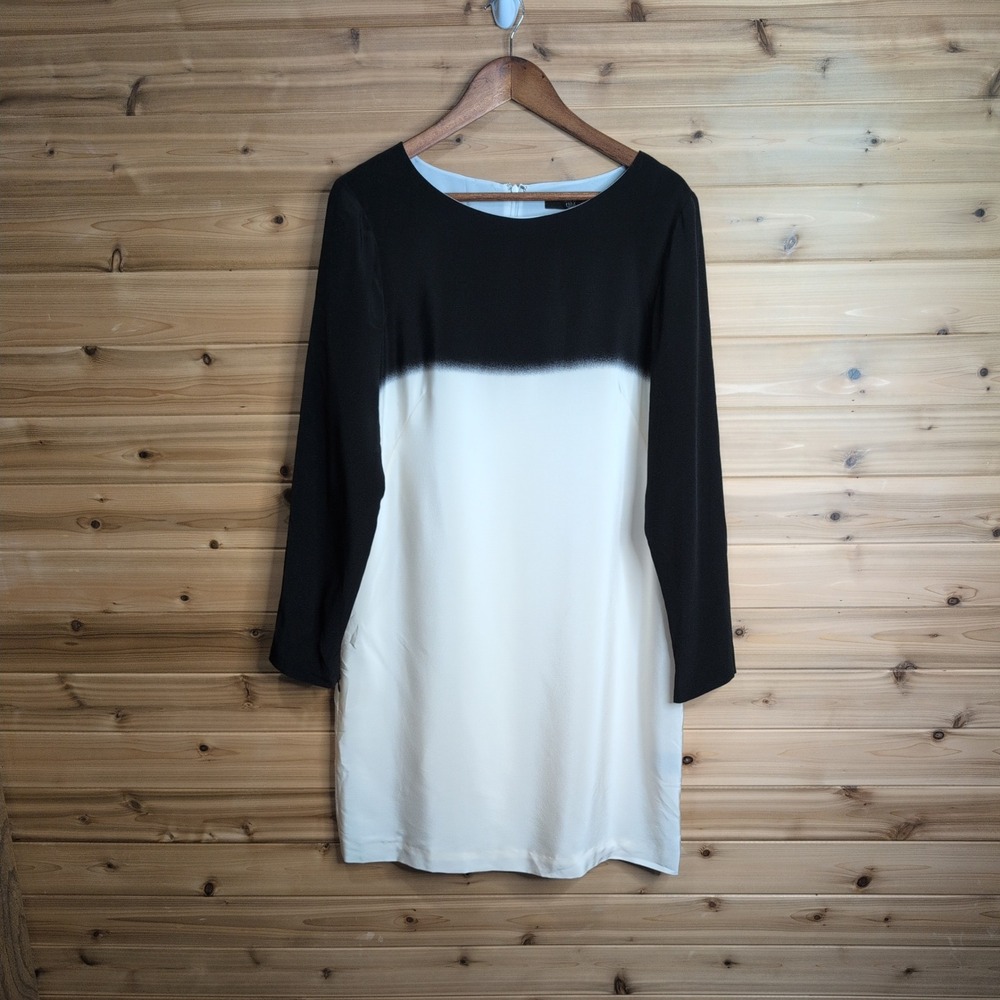 Tibi New York 100% Silk Ombre Dip Dye Long Sleeve Shift Dress Black White 12